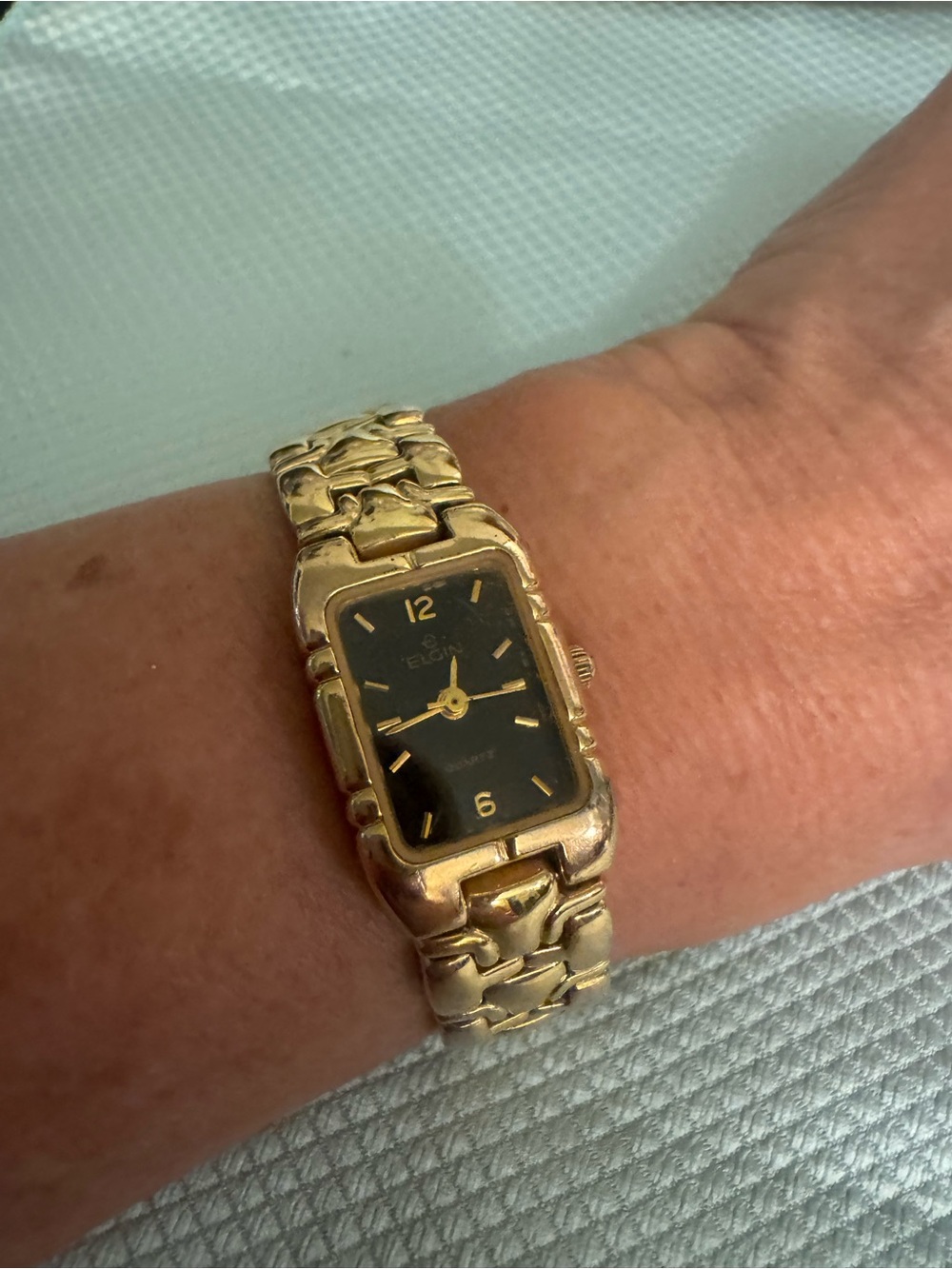 Elgin Gold-Tone Women's Linked Bracelet Watch with Black Dial